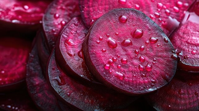 Close-up of fresh beetroot slices with water droplets, vibrant magenta-red glossy texture conveying freshness and juiciness