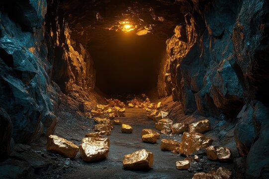 rocky underground tunnel strewn with glowing gold nuggets and a warm amber light, mysterious atmosphere of discovery and hidden treasure