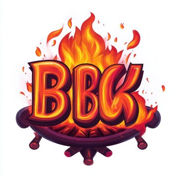 fiery bold bbq lettering erupting from a flaming charcoal grill with embers and sparks conveying intense energetic heat and excitement