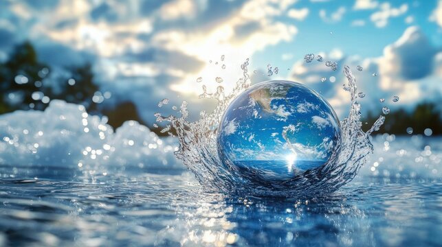 globe-shaped water sphere splashing on a calm sea at sunrise, sunlight and clouds reflected in the glassy surface, creating an uplifting and hopeful mood