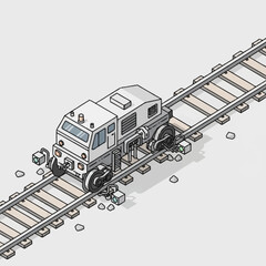 Isometric train engine on railroad tracks illustration. © dewi
