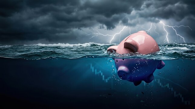 Piggy bank sinking, savings crisis, financial risk concept with piggy bank floating in stormy water.