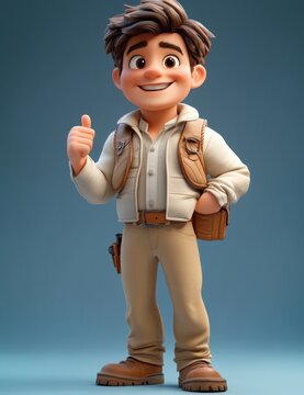stylized 3d young explorer character in beige jacket and boots giving thumbs up with backpack and satchel, confident cheerful pose, face pixelated against soft blue background