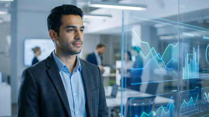 Fototapeta premium Business analytics professional evaluates transparent performance charts while colleagues work in a modern collaborative office.