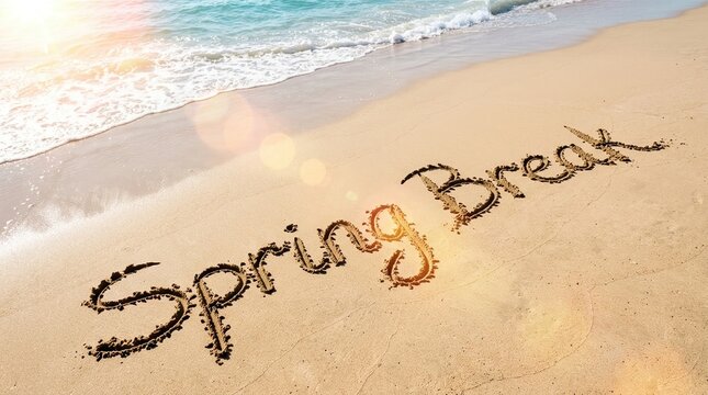Spring break, beach vacation, travel concept with words written in sand beside ocean waves.