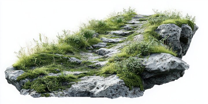 moss-covered stone steps on a floating rocky slab with grass and wild plants, serene and mysterious