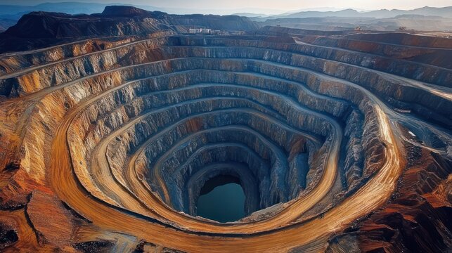 Massive concentric terraced open pit mine with winding haul roads and a deep water-filled shaft in an arid landscape at golden hour, evoking awe and desolation