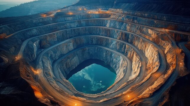 aerial view of a massive circular open-pit mine with terraced roads and glowing lights, a deep water-filled core reflecting the sky, dramatic and otherworldly mood