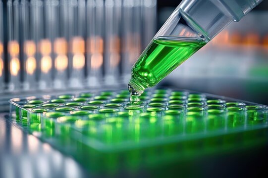 Close-up of a pipette dispensing a bright green reagent droplet into a clear microplate well with blurred test tubes in the background, conveying precise focused laboratory work