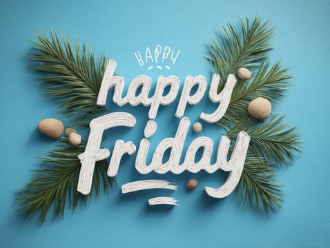 Happy Friday text design with white lettering surrounded by green palm leaves and decorative stones on a blue background for weekend celebration themes