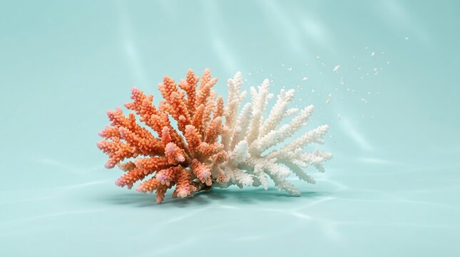 Coral bleaching, climate change, ocean environment concept with bleached coral on clean blue water background.