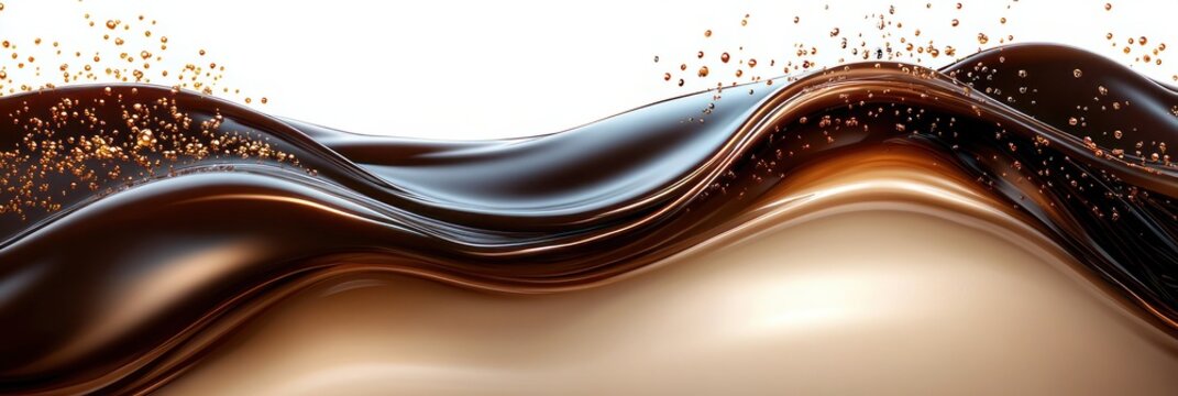glossy dark chocolate and creamy caramel waves with cascading droplets and smooth flowing ribbons conveying indulgent luxurious motion