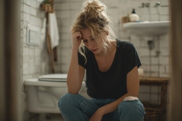 Fototapeta premium Young woman with blonde hair sitting on bathroom floor, wearing black shirt and blue jeans, looking down with a thoughtful expression in a tiled bathroom setting