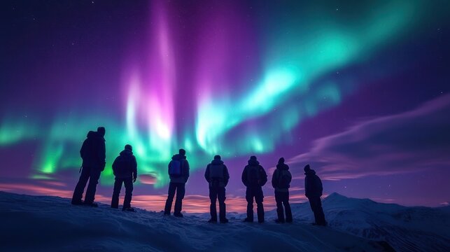 Seven silhouetted people on a snowy ridge watching vibrant green and purple northern lights over snow-covered mountains and a starry night sky, evoking awe and wonder