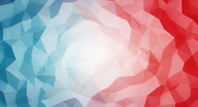 Abstract low poly geometric pattern with blue, red, and white colors in a dynamic swirl
