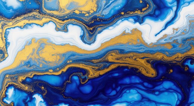 Abstract blue and gold fluid art with swirling patterns and luxurious textures
