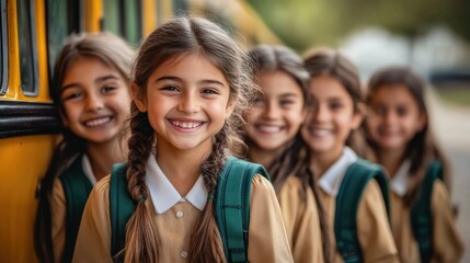 Fototapeta premium young schoolgirls in brown uniforms with braided hair and green backpacks waiting by a yellow school bus, faces blurred, showing anticipation and quiet focus