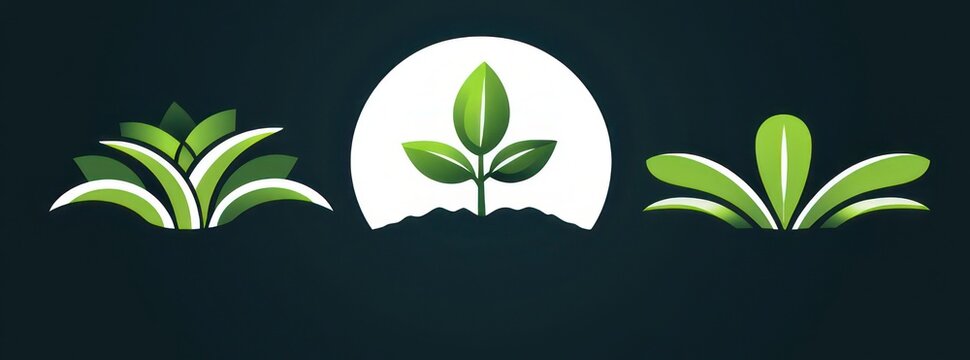 Three green plant icons on a dark background: central seedling inside a white circle with soil and symmetrical stylized leaf motifs evoking fresh growth and renewal