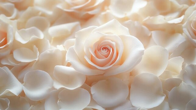 single pale peach rose resting on a bed of scattered ivory petals, soft light and delicate romantic serenity