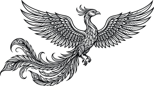 Mythical phoenix bird vector illustration, majestic firebird with spreading wings and peacock tail, black and white line art fantasy creature