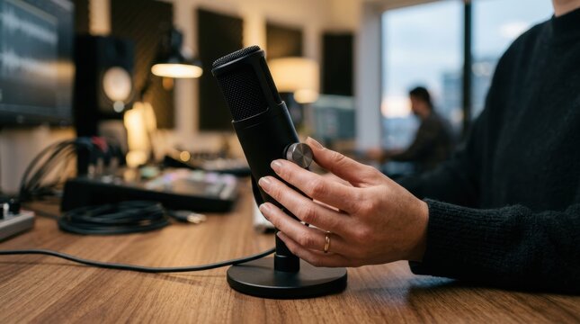 Hand adjusting desktop microphone, microphone in front of person at recording studio