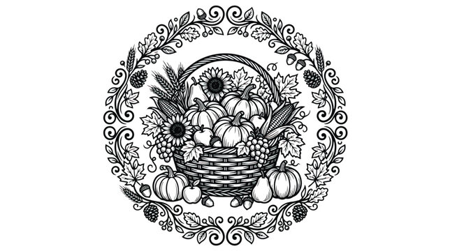 Vintage autumn harvest basket vector illustration, rustic thanksgiving pumpkin and sunflower cornucopia, black and white floral wreath border