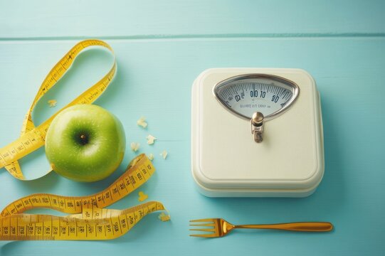 green apple wrapped in a yellow measuring tape beside a cream analog scale and gold fork on a pale blue surface, conveying determination and healthy intention