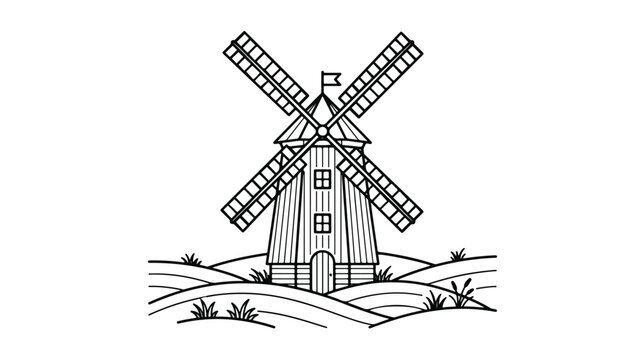 Vintage windmill line art vector, traditional rustic farm building on hills, black and white outline illustration of a classic wind mill