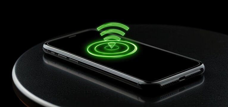On a glossy black surface, a modern smartphone displays a vivid green holographic signal symbol highlighting advanced connectivity.