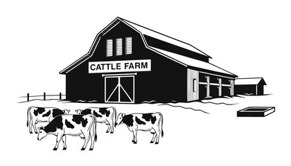 Very beautiful black and white realistic vector illustration of a cattle farm featuring dairy cows and barn with a bold label reading "CATTLE FARM", engraved linework, isolated on white background. © williamnoah