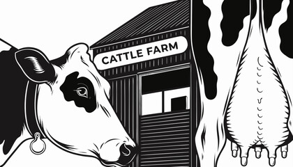 Very beautiful black and white realistic vector illustration of a cattle farm featuring dairy cows and barn with a bold label reading "CATTLE FARM", engraved linework, isolated on white background. © williamnoah