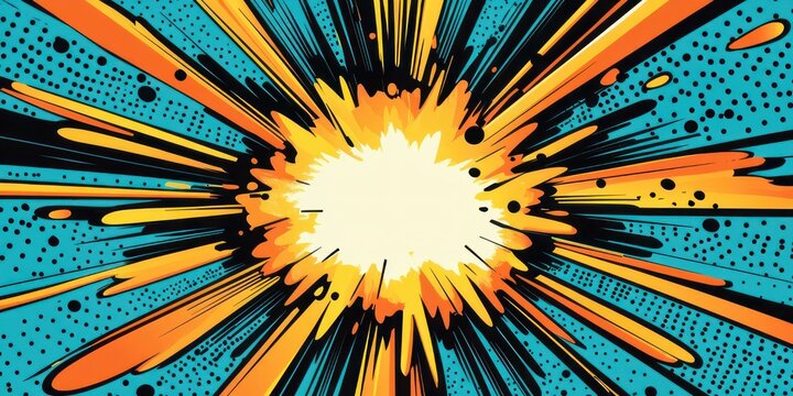Comic-style explosive burst with bright white center, yellow and orange splashes, black radial streaks and teal halftone dotted background conveying energetic dramatic impact