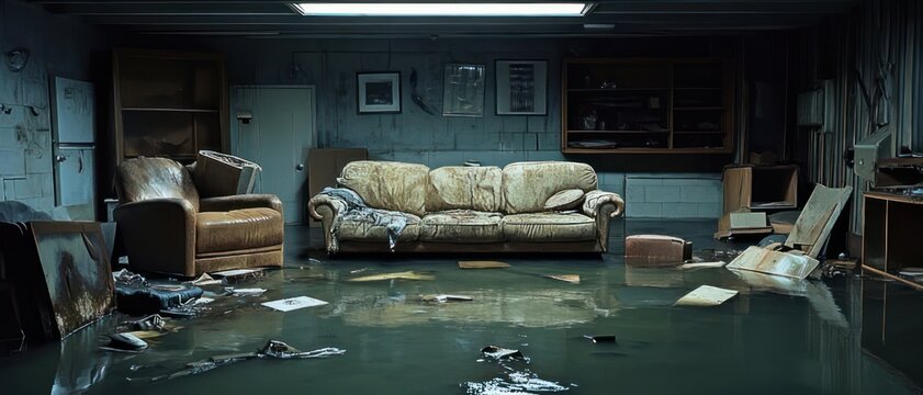 Flooded basement living space with waterlogged worn sofa and armchair, scattered debris and floating papers beneath a cold fluorescent light, evoking a damp, abandoned, eerie mood