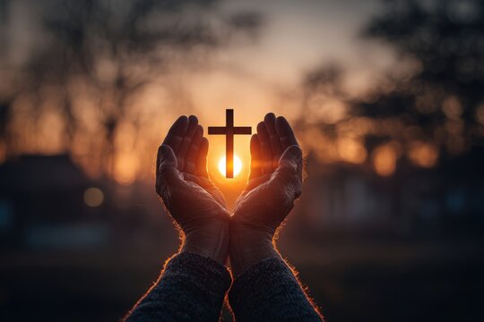 Hands holding a wooden cross against a sunset background, with warm light illuminating the cross and creating a spiritual atmosphere in the outdoor setting