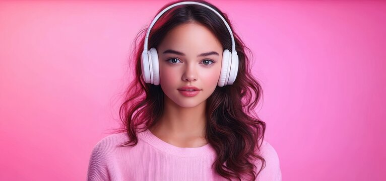 Young woman with pixelated face wearing white headphones and pink sweater against a vibrant pink background, relaxed and listening to music