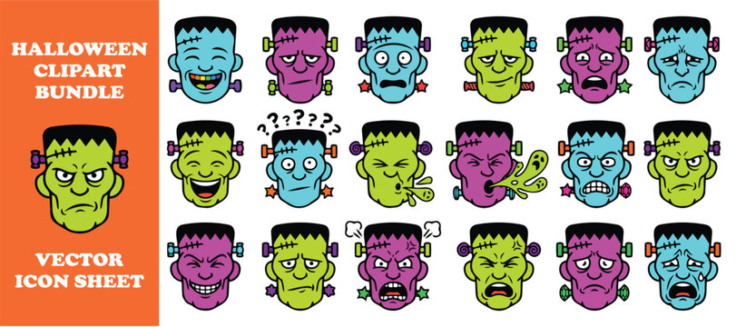 Halloween Zombie Monster Face Emoji Clipart Bundle, Neon Vector Icon Sheet, Editable Stroke