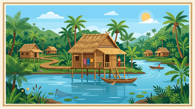 Tropical village on stilts. Stilt houses by serene river. Exotic landscape scene.