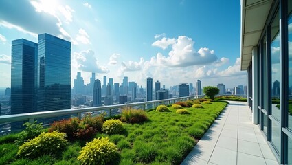 Fototapeta premium Lush green rooftop terrace with panoramic downtown skyscraper view