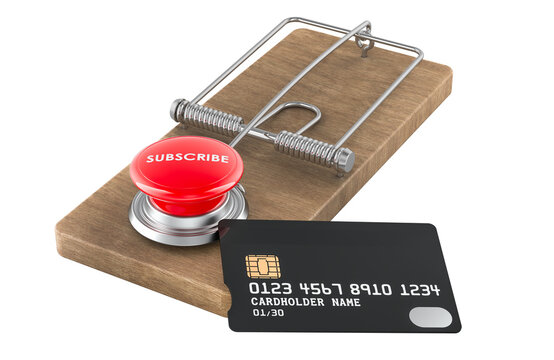 Subscription trap with credit card and subscribe button on mousetrap. Deceptive subscriptions, hidden recurring charges. 3d rendering
