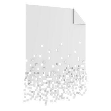 Blank document dissolving into square pixels, representing file deletion, corrupted data, information loss and digital document destruction, 3d rendering