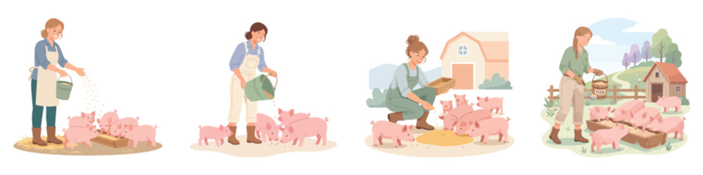 Set of female farmer characters feeding cute little piglets on the farm illustration
