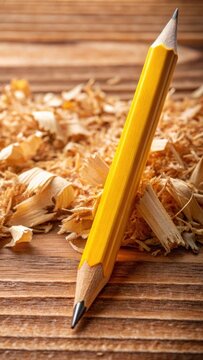 A sharp yellow pencil with a fine tip sits atop a wood shavings scattered on a wooden surface