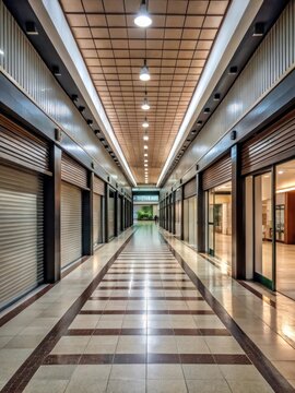 Abandoned shopping mall corridor with empty storefronts and a long