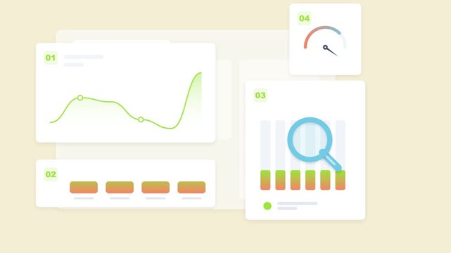 Data analytics dashboard interface with line graphs and magnifying glass icon
