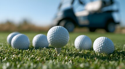 White golf ball on a tee with other golf balls on the green grass of a course and a blurred golf cart in the background on a sunny day