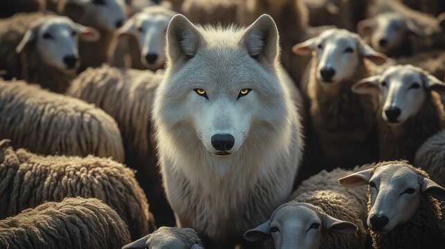 white wolf with intense golden eyes surrounded by a tight flock of sheep, close-up portrait conveying tension and quiet menace