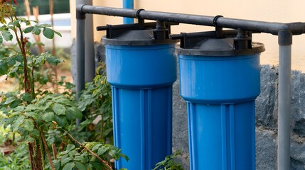 Naklejka premium Two blue cylindrical filters connected by black pipes mounted on a stone wall beside green foliage