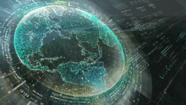 Futuristic holographic Earth globe with glowing digital HUD elements and data processing UI. Represents global network, international business, cyberspace, and tech.