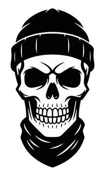 A stylized outlaw skull wearing a beanie and bandana, high-contrast black and white graphic isolated on white. Bold rebellious design concept