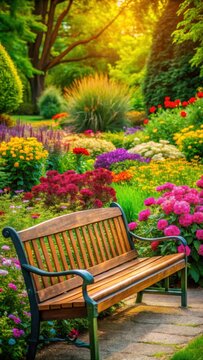 A serene park bench nestled among vibrant greenery and colorful flowers in a lush garden setting